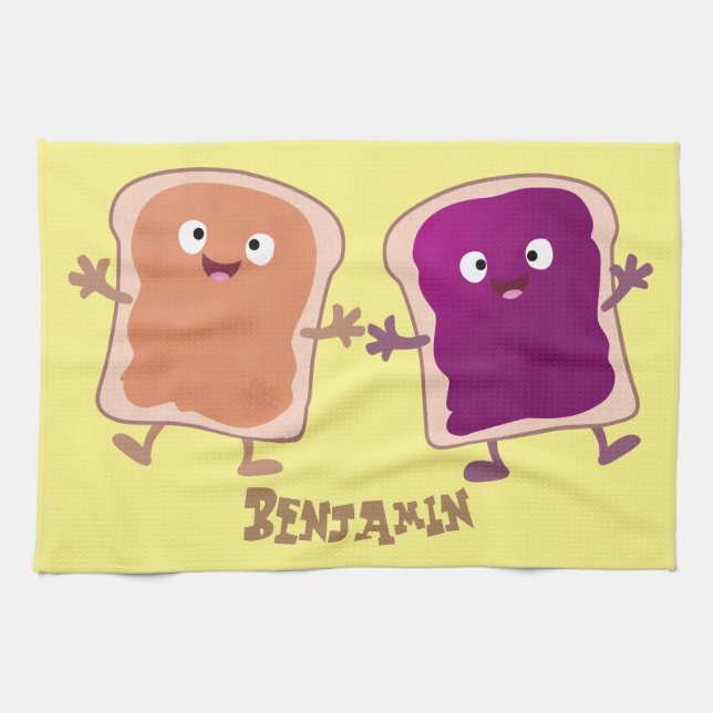 Cute peanut butter and jelly sandwich cartoon kitchen towel (Horizontal)