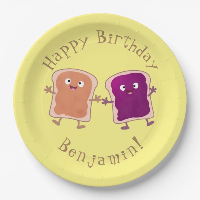 Cute peanut butter and jelly sandwich cartoon paper plates (Front)