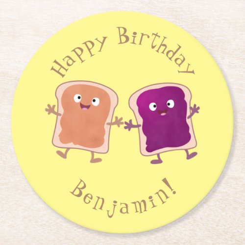 Cute peanut butter and jelly sandwich cartoon round paper coaster