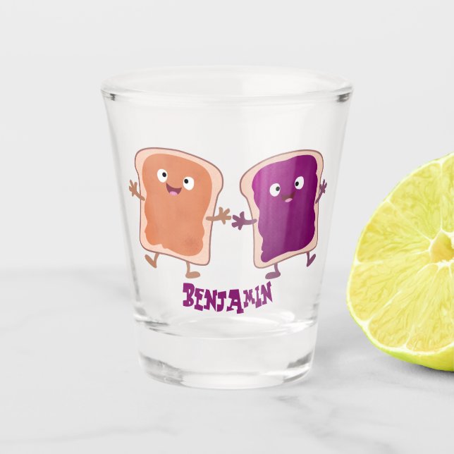 Cute peanut butter and jelly sandwich cartoon shot glass (Front)
