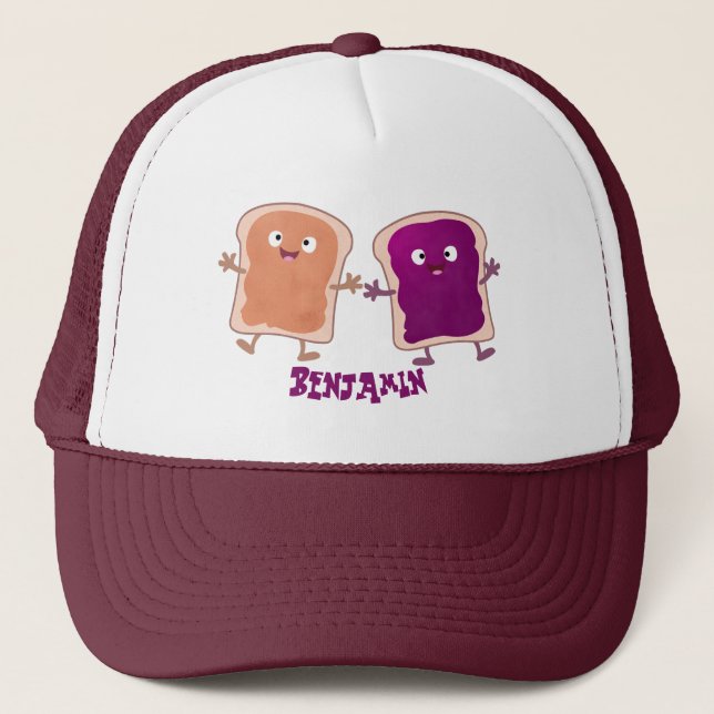 Cute peanut butter and jelly sandwich cartoon trucker hat (Front)