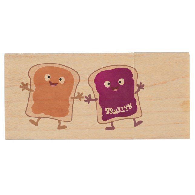Cute peanut butter and jelly sandwich cartoon wood flash drive (Front)