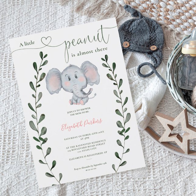 Cute peanut elephant greenery script baby shower invitation (Creator Uploaded)