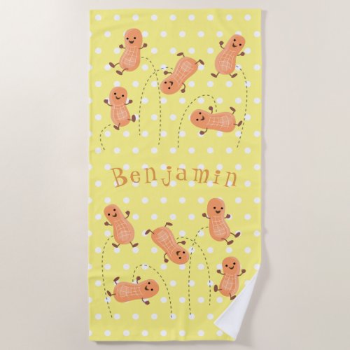 Cute peanuts jumping yellow cartoon illustration beach towel