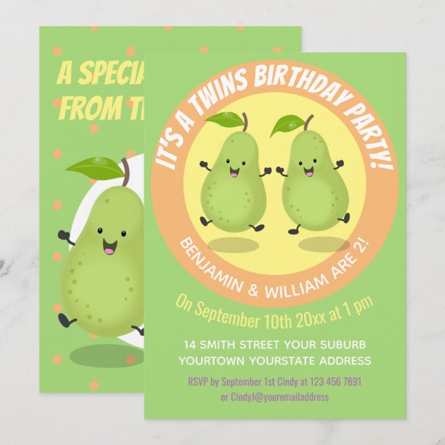 Cute pear twins cartoon illustration  invitation (Front/Back)