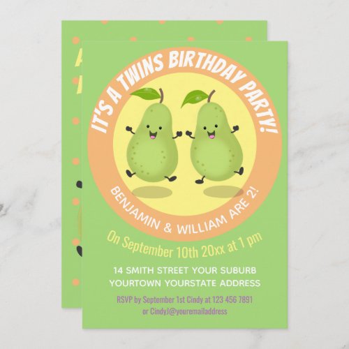 Cute pear twins cartoon illustration  invitation