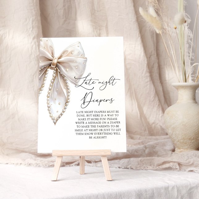 Cute Pearl Bow Late Night Diapers Baby Shower Game Poster (Creator Uploaded)