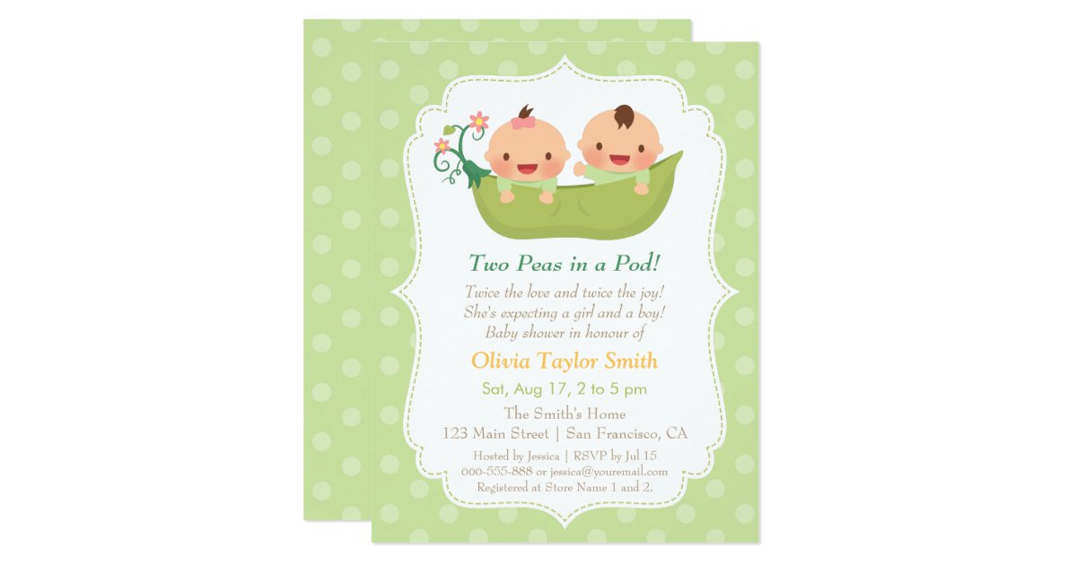 Cute Peas in a Pod Twin Baby Shower Invitations | Zazzle