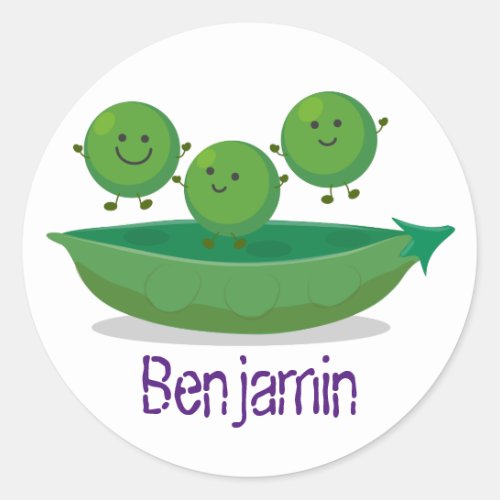 Cute peas jumping in pod cartoon illustration classic round sticker
