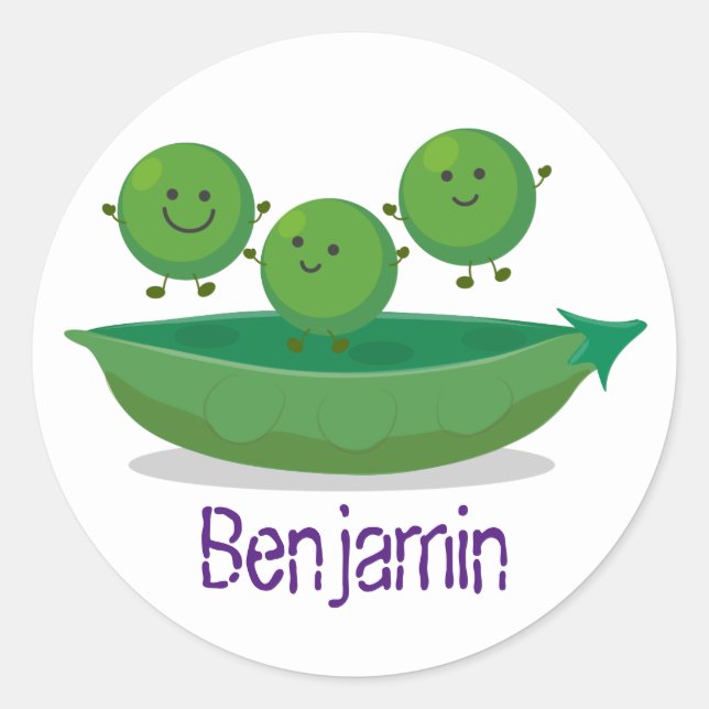 Cute peas jumping in pod cartoon illustration. classic round sticker (Front)