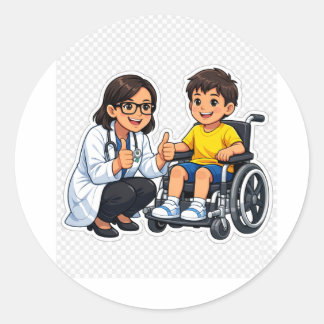 Cute pediatric doctor and wheelchair boy sticker