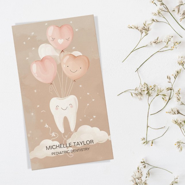 Cute Pediatric Family Dentist Tooth Smile Business Card (cute tooth with balloons)