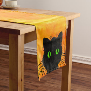 Cute Peek-A-Boo Black Cat on Halloween Orange Short Table Runner
