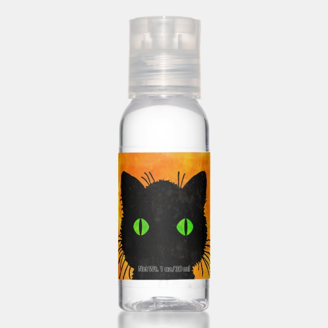 Cute Peek-A-Boo Black Cat on Orange Hand Sanitizer (Front)