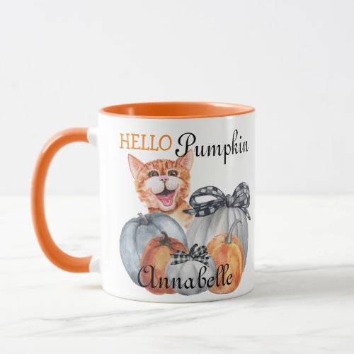 Cute Peek a Boo Orange Cat Hello Pumpkin Name Mug