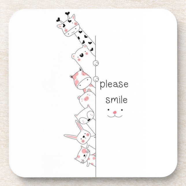 Cute Peeking Animals "Please Smile" Whimsical Spir Beverage Coaster (Front)