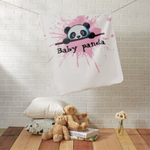 Cute Peeking Baby Panda Pink Splatter Baby Blanket