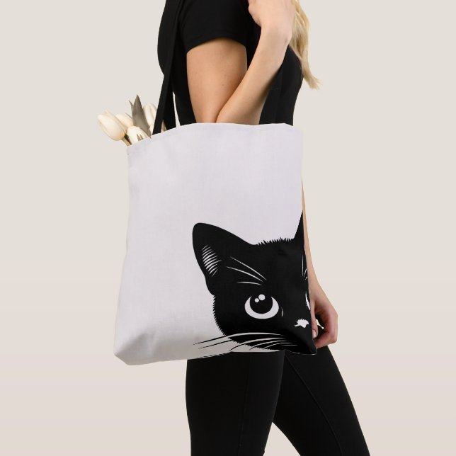 Cute Peeking Black Cat Tote Bag (Close Up)