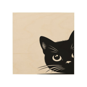 Cute Peeking Black Cat Wood Wall Art