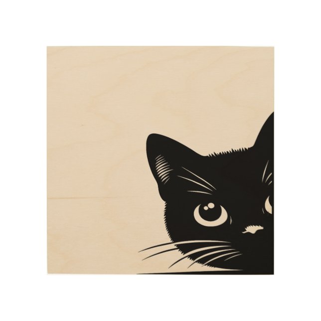 Cute Peeking Black Cat Wood Wall Art (Front)