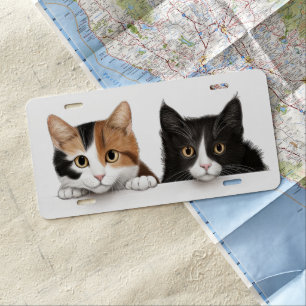 CUTE PEEKING CALICO & BLACK & WHITE CATS LICENSE PLATE