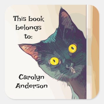 Cute Peeking Cat Design Bookplate Sticker by SjasisDesignSpace at Zazzle
