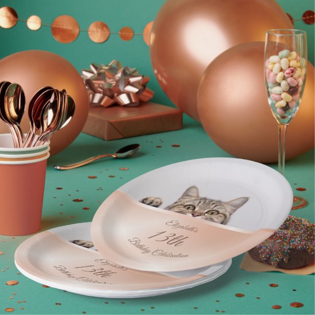 Cute Peeking Cat Rose Gold | Custom Birthday Paper Plates (Multi)