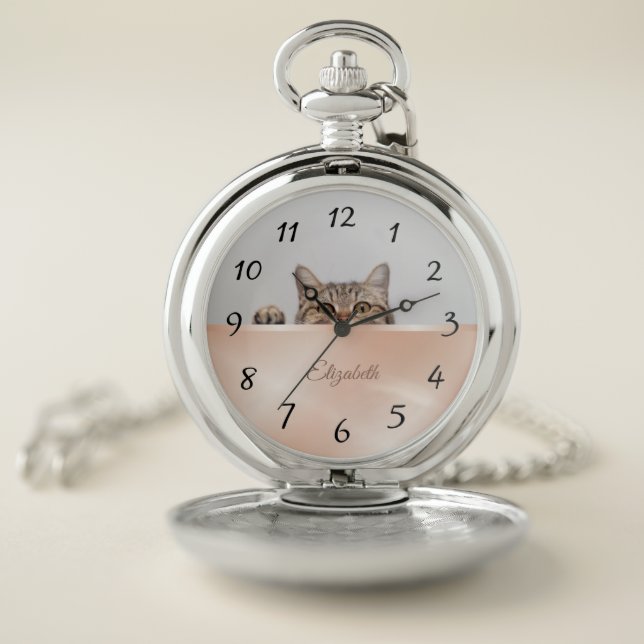 Cute Peeking Cat Rose Gold Foil Monogram Pocket Watch (Inside)