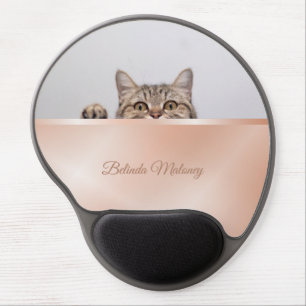 Cute Peeking Cat Rose Gold Monogram Gel Mouse Pad