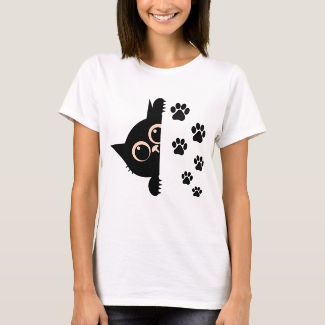 Cute Peeking Cat T-Shirt with Paw Prints (Front)