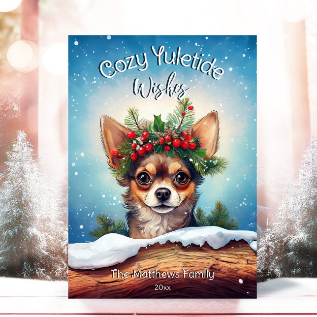 Cute Peeking Chihuahua Cozy Wishes Pine Wreath Holiday Card (Adorable Winter Snowy Scene With Peeking Dogs or Farm/Woodland Animals - Over 50 to Choose From!)
