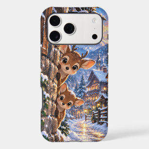 Cute Peeking Fawns Winter Alpine Village Snow Art iPhone 17 Pro Max Case