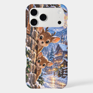 Cute Peeking Fawns Winter Alpine Village Snow Art iPhone 17 Pro Max Case
