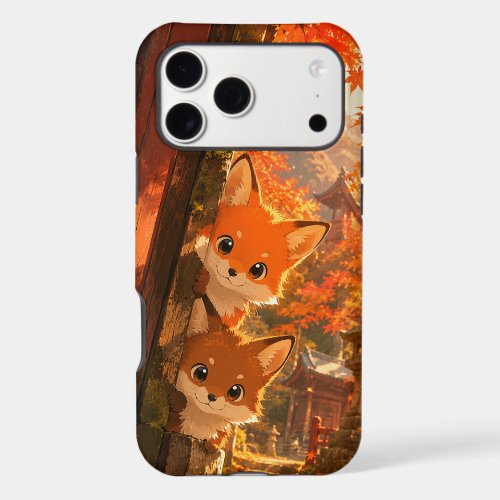 Cute Peeking Foxes Autumn Temple Maple Leaves iPhone 17 Pro Max Case