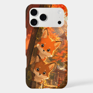 Cute Peeking Foxes Autumn Temple Maple Leaves iPhone 17 Pro Max Case