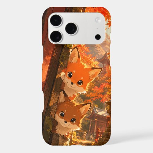 Cute Peeking Foxes Autumn Temple Maple Leaves iPhone 17 Pro Max Case
