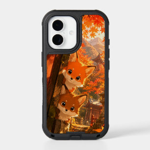 Cute Peeking Foxes Autumn Temple Maple Leaves iPhone 17 Case