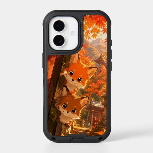 Cute Peeking Foxes Autumn Temple Maple Leaves iPhone 17 Case