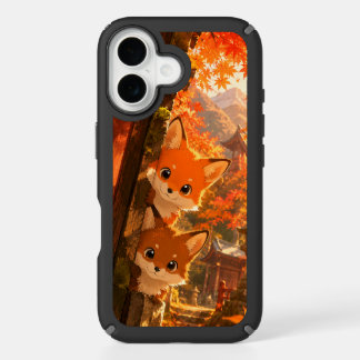Cute Peeking Foxes Autumn Temple Maple Leaves iPhone 16 Case
