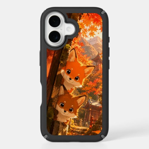 Cute Peeking Foxes Autumn Temple Maple Leaves iPhone 16 Case