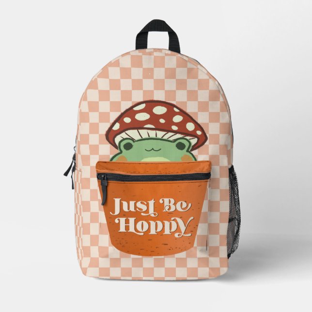 Cute Peeking Frog and Planter Just Be Hoppy Printed Backpack (Front)