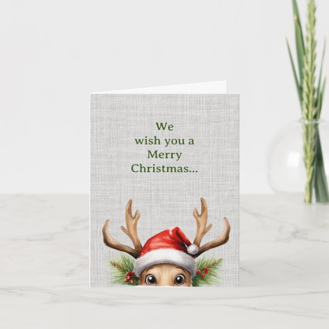 Cute Peeking Funny Reindeer Christmas Holiday Card (Front)