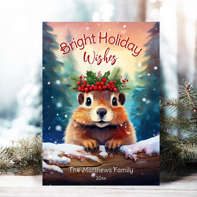 Cute Peeking Gopher Snowy Enchanted Forest Holiday Card (Adorable Winter Snowy Scene With Peeking Dogs or Farm/Woodland Animals - Over 50 to Choose From!)