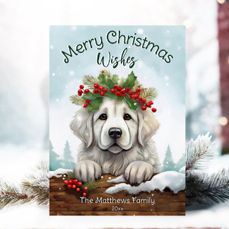 Cute Peeking Great Pyrenees Rustic Pet Portrait Holiday Card