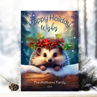 Cute Peeking Hedgehog Snowy Winter Woodland Forest Holiday Card