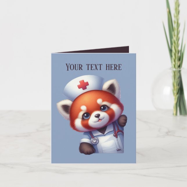 Cute peeking Nurse add message red panda Card (Front)