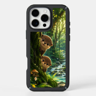 Cute Peeking Otters Lush Green Forest River iPhone 16 Pro Max Case