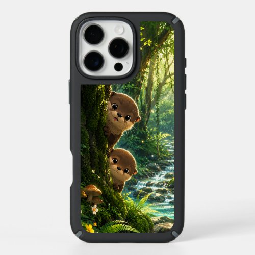 Cute Peeking Otters Lush Green Forest River iPhone 16 Pro Max Case