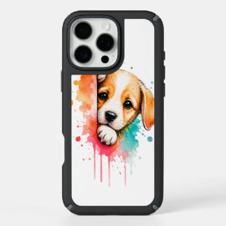 Cute Peeking Puppy Colorful Watercolor Splash Art iPhone 16 Pro Max Case
