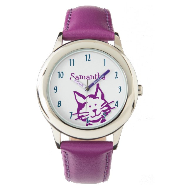 Cute Peeking Purple Kitty Cat Name Kids Watch (Front)